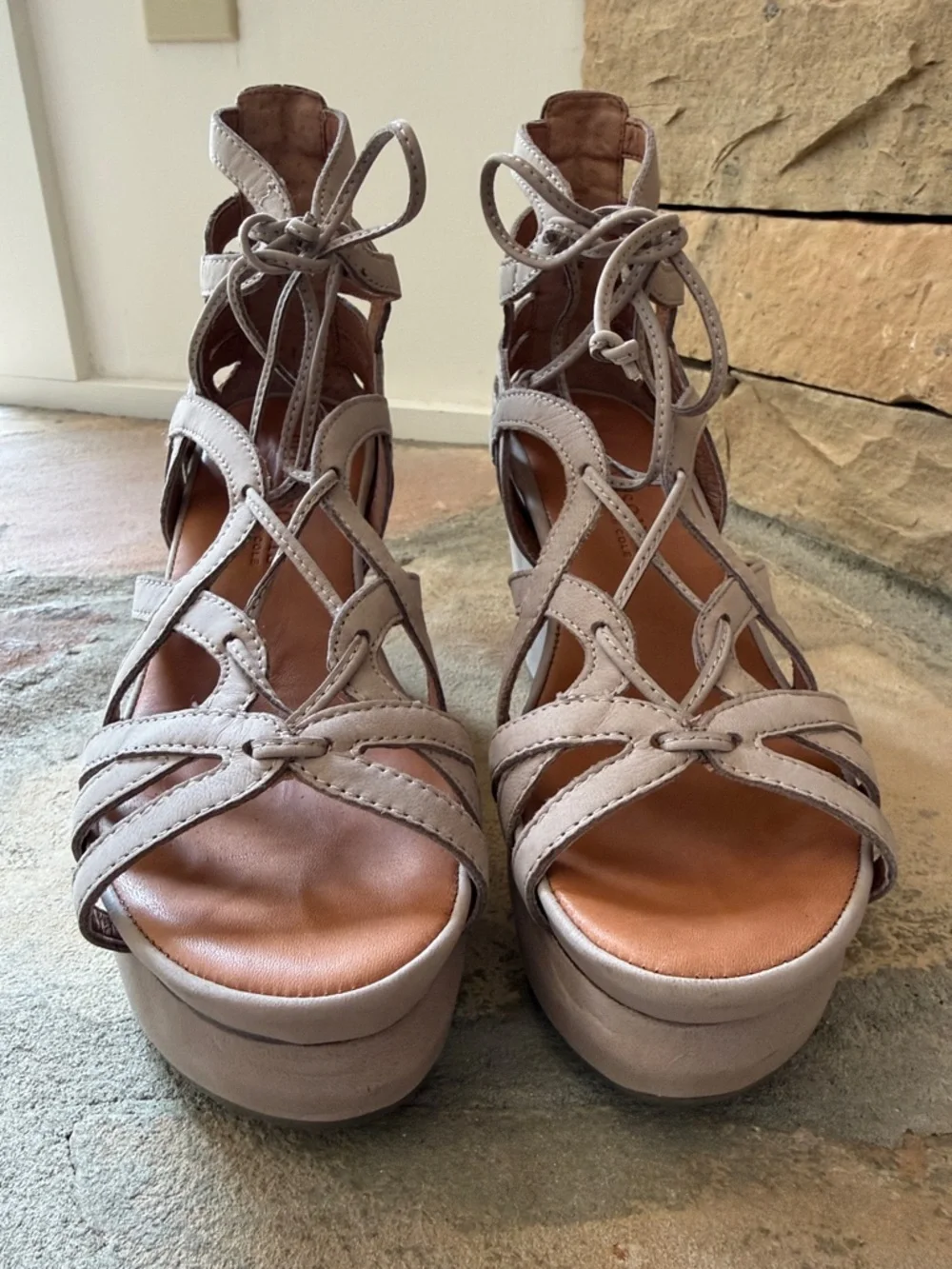 Gentle Souls “Joy” Taupe Nubuck Lace-Up High Wedge Sandals